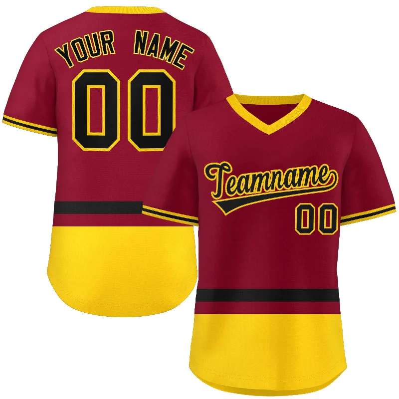 Baseball Jersey Purple-Custom Crimson Black-Gold Color Block Personalized V-Neck Authentic Pullover Baseball Jersey