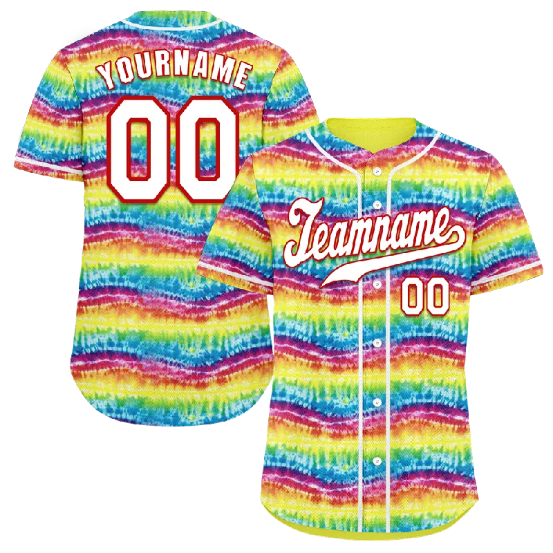 Baseball Jersey Striped-Custom Colorful Yellow Tie Dye White Authentic Baseball Jersey BSBJ0a-bc0fbec