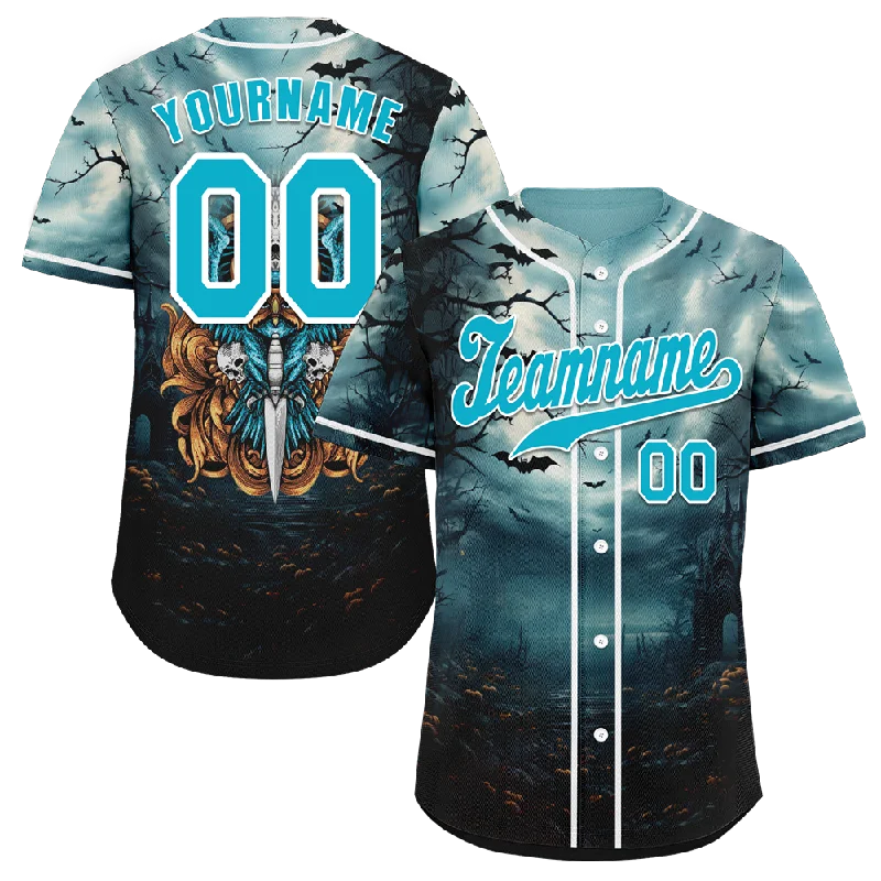 Baseball Jersey Valentine’s Day-Custom Aqua Black Skull Fashion Aqua Authentic Baseball Jersey BSBJ0a-bc0fb99