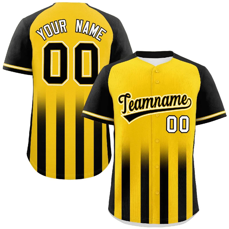 Baseball Jersey Durable-Custom Gold Black Raglan Sleeves Gradient Thick Stripe Authentic Baseball Jersey