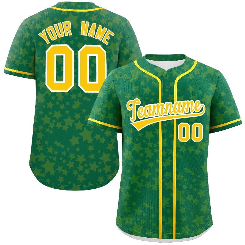 Baseball Jersey Recycled Fabric-Custom Kelly Green Gold Personalized Star Graffiti Pattern Authentic Baseball Jersey