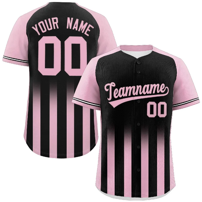 Baseball Jersey Inspirational-Custom Black Light Pink Raglan Sleeves Gradient Thick Stripe Authentic Baseball Jersey