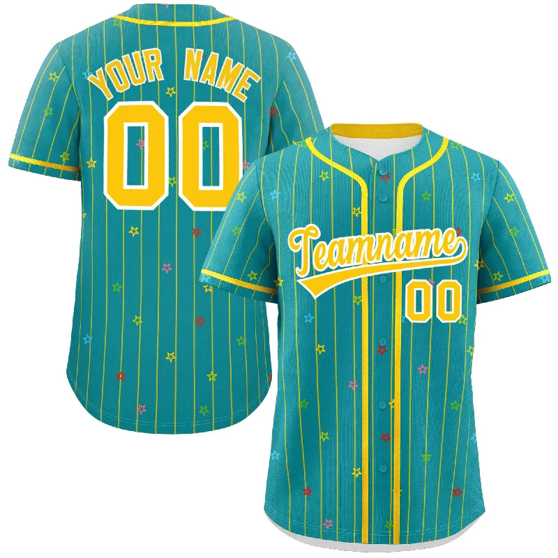 Baseball Jersey Lightweight-Custom Aqua Gold Stripe Fashion Personalized Star Pattern Authentic Baseball Jersey