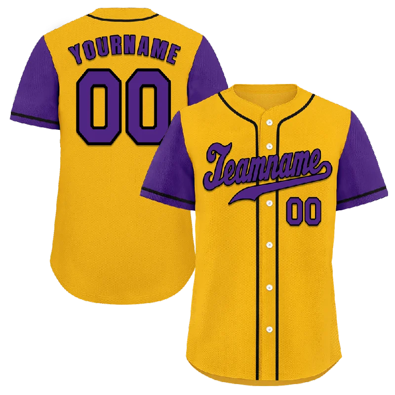 Baseball Jersey Unisex-Custom Yellow Purple Raglan Sleeves Purple Authentic Baseball Jersey