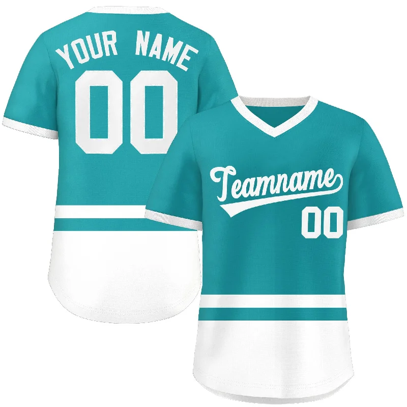 Baseball Jersey Breathable Fabric-Custom Aqua White Color Block Personalized V-Neck Authentic Pullover Baseball Jersey