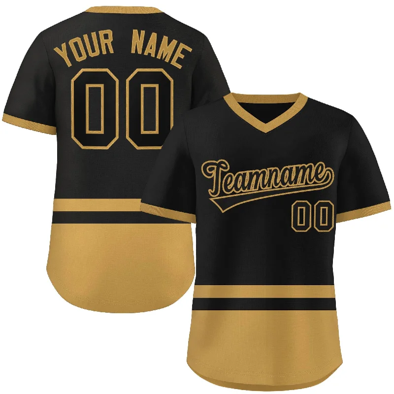 Baseball Jersey Quote-Custom Black Old Gold Color Block Personalized V-Neck Authentic Pullover Baseball Jersey