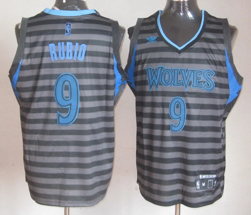 Basketball Jersey Blue-Timberwolves 9 Rubio Black Gride Grey Basketball Jerseys