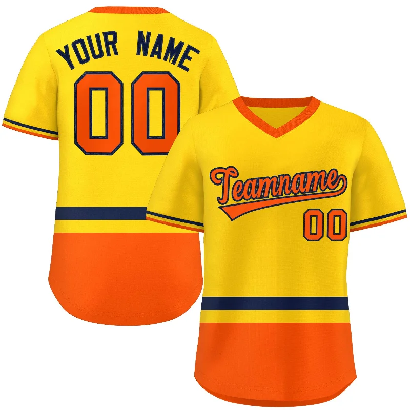 Baseball Jersey Hunting-Custom Gold Navy-Orange Color Block Personalized V-Neck Authentic Pullover Baseball Jersey