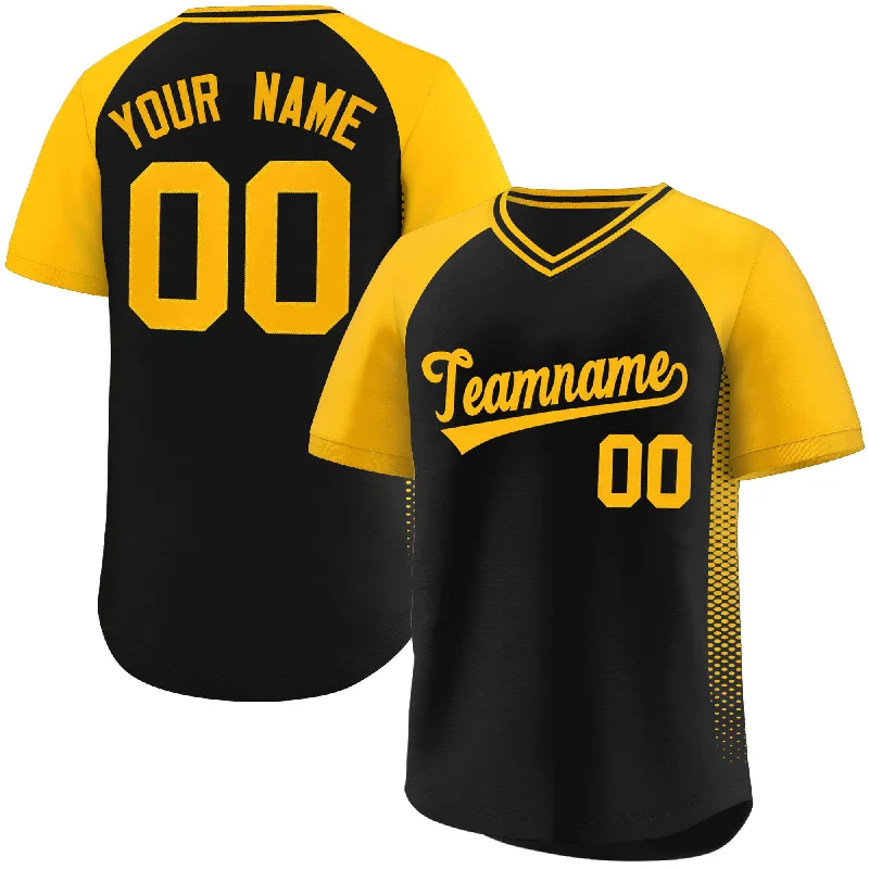 Baseball Jersey Baseball Fan-Custom Black Gold Raglan Sleeves Side Spot Authentic Pullover Baseball Jersey