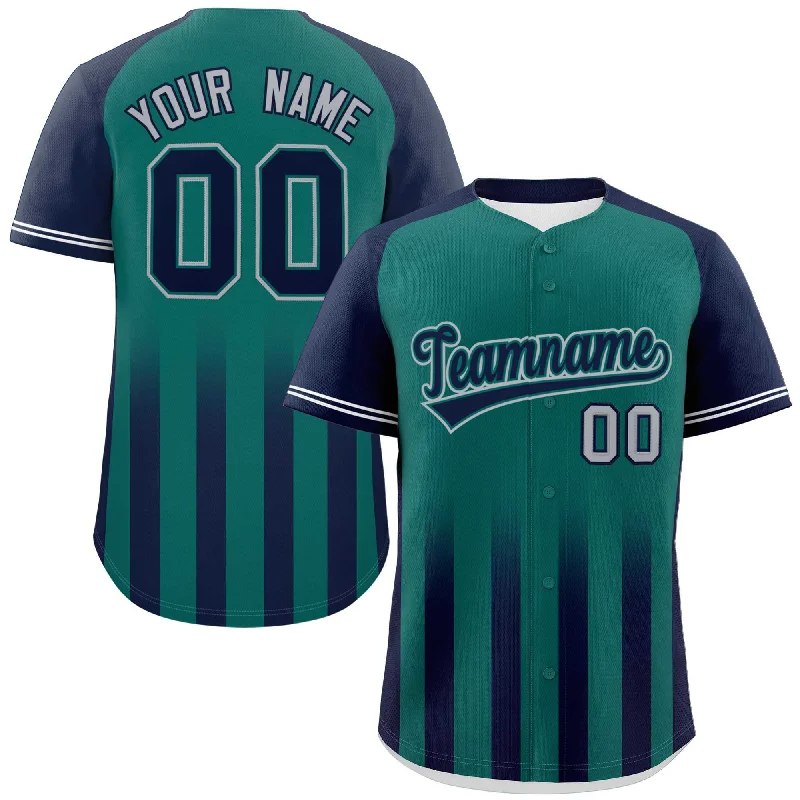 Baseball Jersey High-Quality-Custom Aqua Navy Raglan Sleeves Gradient Thick Stripe Authentic Baseball Jersey