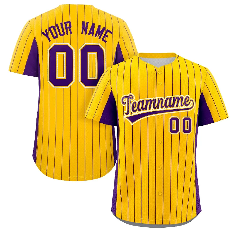 Baseball Jersey Quote-Custom Gold Purple Stripe Fashion Design Full Button Authentic Baseball Jersey