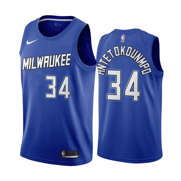 Basketball Jersey USA Flag-Men's Milwaukee Bucks #34 Giannis Antetokounmpo Navy City Edition New Uniform 2020-21 Stitched Basketball Jersey