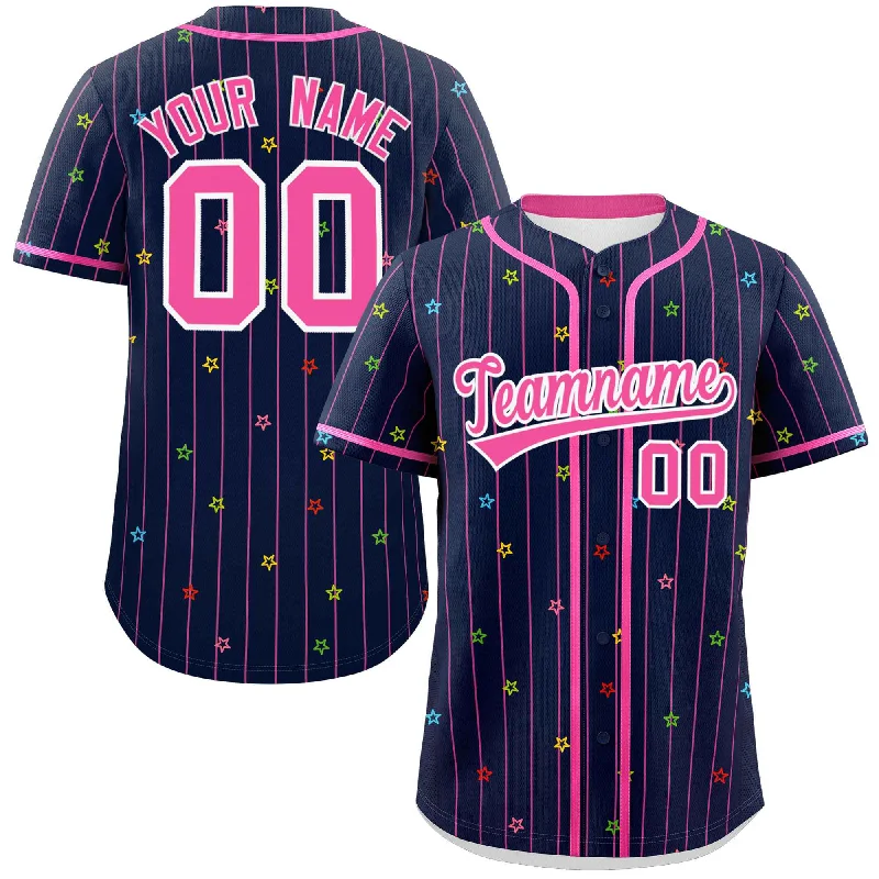 Baseball Jersey Pullover-Custom Navy Pink Stripe Fashion Personalized Star Pattern Authentic Baseball Jersey