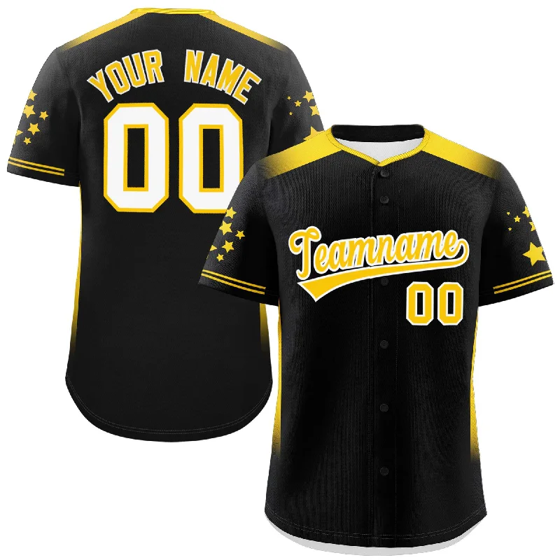 Baseball Jersey Unique-Custom Black Gold Gradient Side Personalized Star Pattern Authentic Baseball Jersey