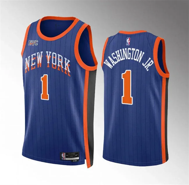 Basketball Jersey Funny-Men's New Yok Knicks #1 Duane Washington Jr Blue 2023/24 City Edition Stitched Basketball Basketball Jersey