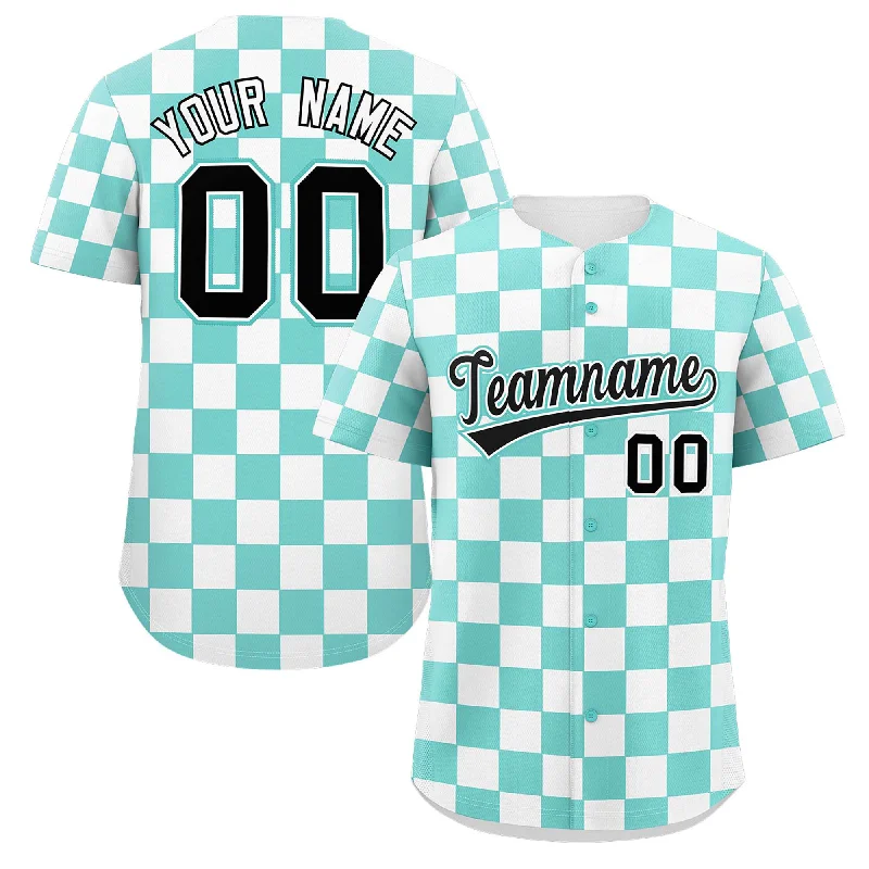 Baseball Jersey Inspirational-Custom Aqua White Square Grid Color Block Design Authentic Baseball Jersey