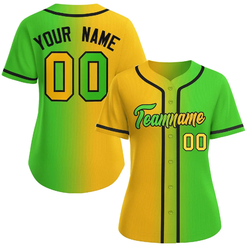 Baseball Jersey Unique-Custom Gold Green-Black Gradient Fashion Baseball Jersey For Women