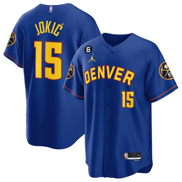 Basketball Jersey Dunk Contest-Men's Denver Nuggets #15 Nikola Jokic Blue With No.6 Patch Stitched Basketball Jersey