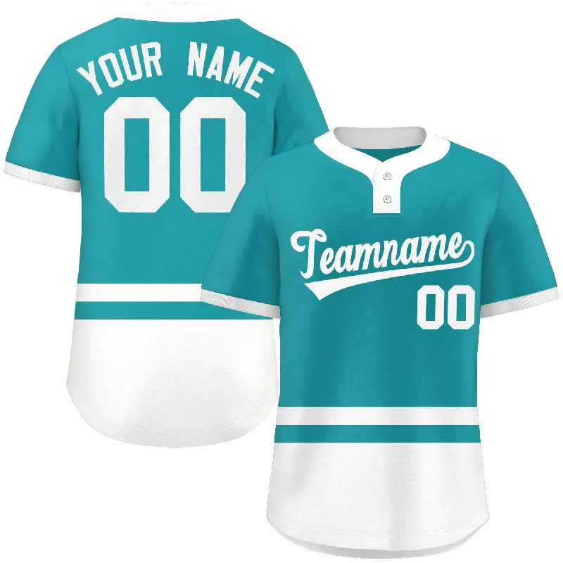 Baseball Jersey Navy-Custom Aqua White Color Block Personalized Authentic Two-Button Baseball Jersey