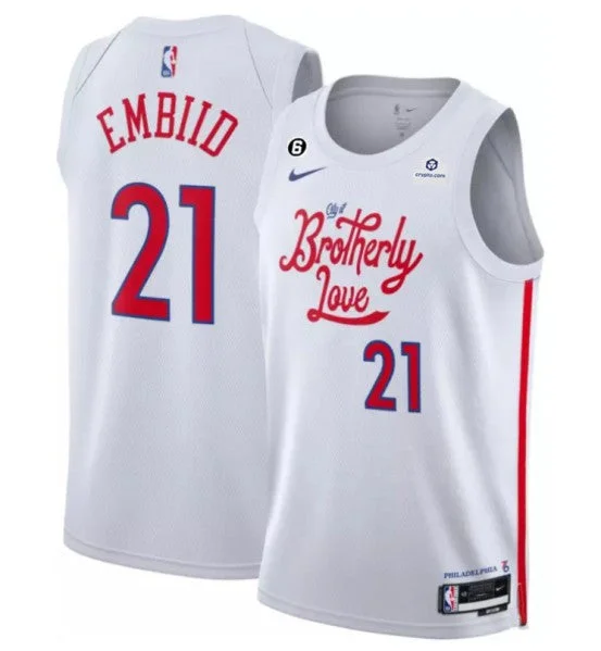 Basketball Jersey Sun Protection-Men's Philadelphia 76ers #21 Joel Embiid White 2022/23 City Edition With NO.6 Patch Stitched Basketball Basketball Jersey