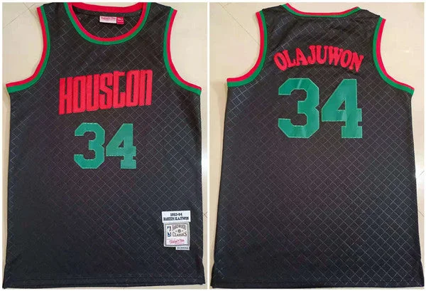 Basketball Jersey Music Band-Men's Houston Rockets #34 Hakeem Olajuwon Black 1993-94 Throwback Stitched Basketball Jersey