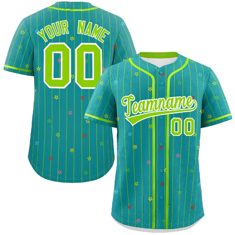 Baseball Jersey Breathable-Custom Aqua Neon Green Stripe Fashion Personalized Star Pattern Authentic Baseball Jersey