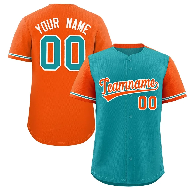 Baseball Jersey Premium-Custom Aqua Orange Color Block Personalized Raglan Sleeves Authentic Baseball Jersey