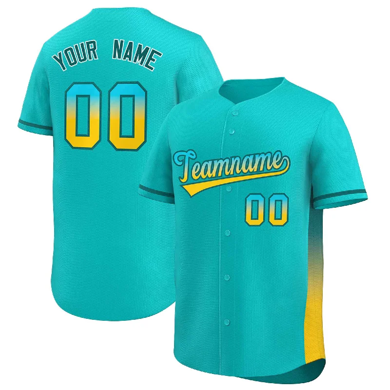 Baseball Jersey Personalized-Custom Aqua Aqua-Gold Personalized Gradient Font And Side Design Authentic Baseball Jersey